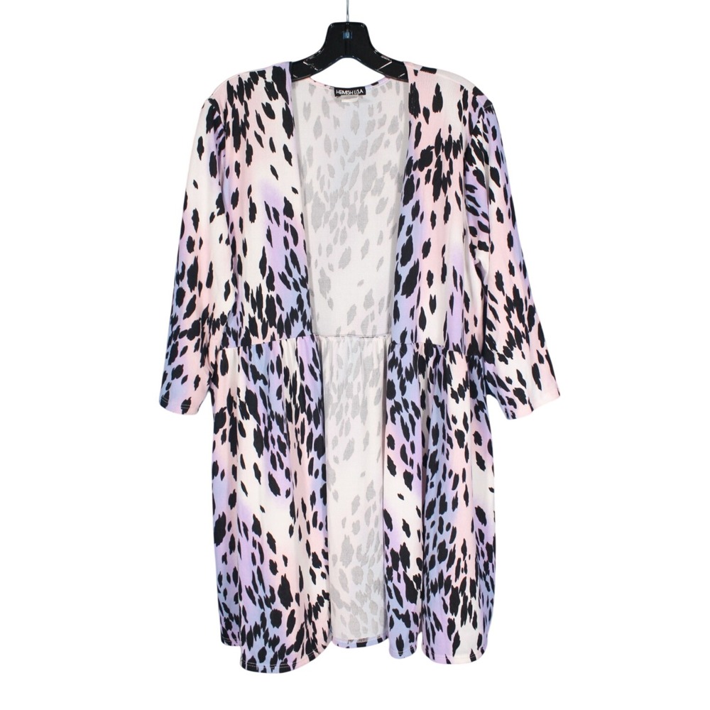 HEIMISH USA Open Front LEOPARD PRINT Elastic Waistline SWEATER KIMONO/CARDIGAN L